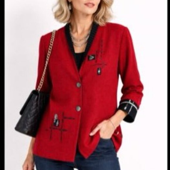K.d. Spring Jackets & Blazers - Vintage K.D. Spring wearable art blazer womens L Red Boho artsy layering